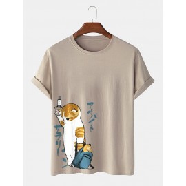 Mens Japanese Style Cat Print Crew Neck Cotton Short Sleeve T-Shirts