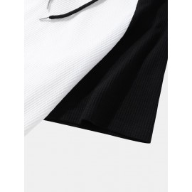 Mens Ribbed Knit Patchwork High Low Preppy Raglan Sleeve Hooded T-Shirts