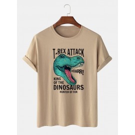 Mens Cartoon Dinosaur Letter Print O-Neck 100% Cotton Short Sleeve T-Shirts