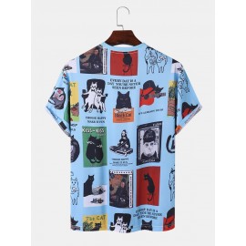 Mens Cat Figure Graphics Crew Neck Short Sleeve T-Shirts