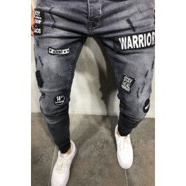Men's Black Ripped Badge Applique Stiletto Jeans