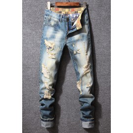 Distressed Wash Buttoned Straight Leg Men's Jeans