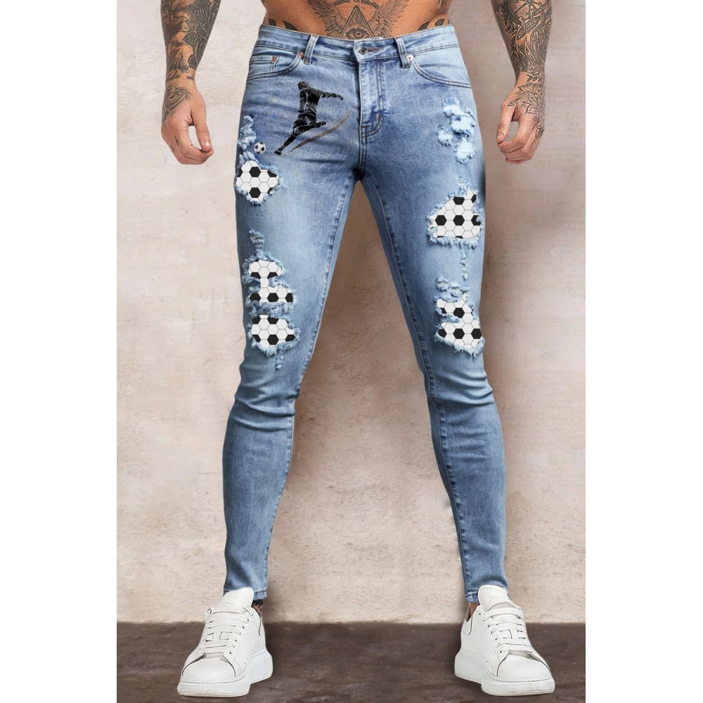 Sky Blue Soccer Print Splicing Skinny High Waist Men's Jeans