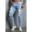 Sky Blue Men Stripes and Stars Print Ripped Skinny Jeans