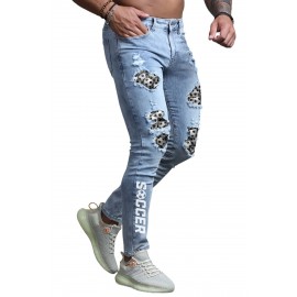 Sky Blue Soccer Printed Patchwork Distressed Men's Skinny Jeans