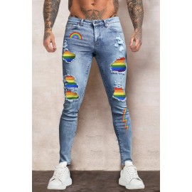 Sky Blue Rainbow Print Patchwork Skinny Distressed Men's Jeans