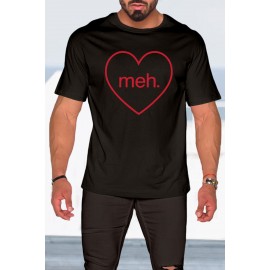 Black meh. Heart Shaped Print Crewneck Short Sleeve Men's Tee