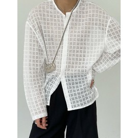 Mens Casual Mesh Check Long-sleeved Shirts