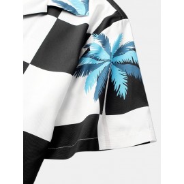 Mens Palm Tree Checkered Print Revere Holiday Short Sleeve Shirts