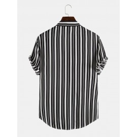 Mens Black Stripe Print Button Up Short Sleeve Lapel Casual Shirt