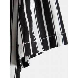 Mens Black Stripe Print Button Up Short Sleeve Lapel Casual Shirt