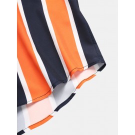 Mens Holiday Wide Striped Button Up Short Sleeve Shirts