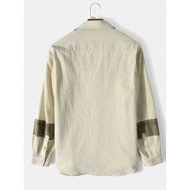 Mens Patchwork Letter Embroidered 100% Cotton Casual Long Sleeve Shirts